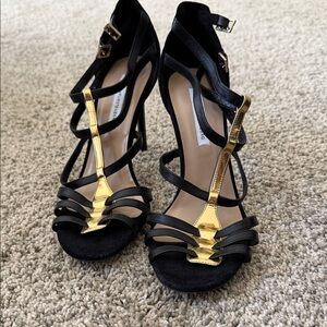 DVF Black & Gold Strappy High Heel Sandals